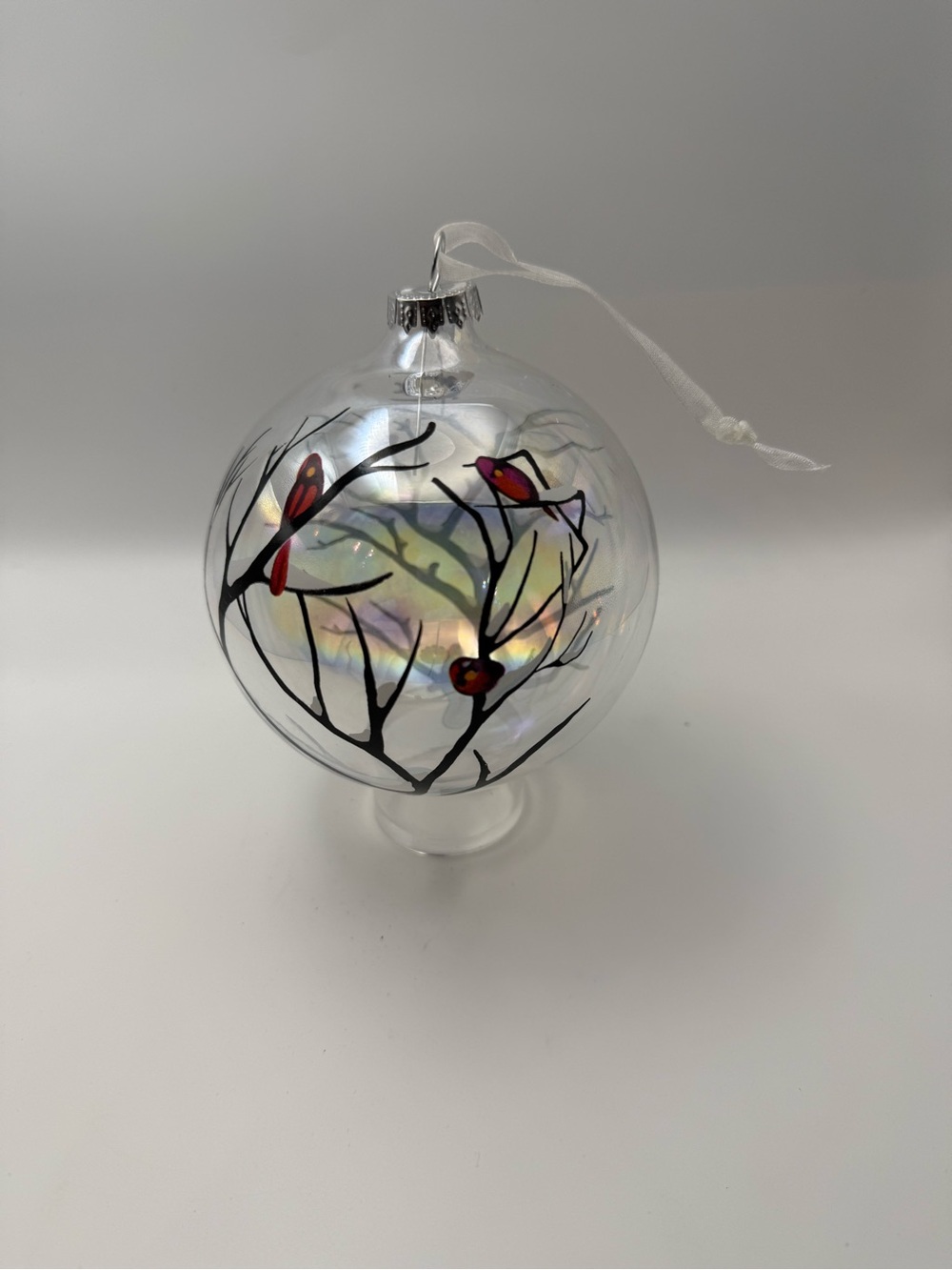 Source Unknown Iridescent Glass Ornament with Red Bird Motif